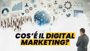 Immagine di un globo digitale circondato da icone di marketing digitale e grafici, rappresentante il concetto di digital marketing.