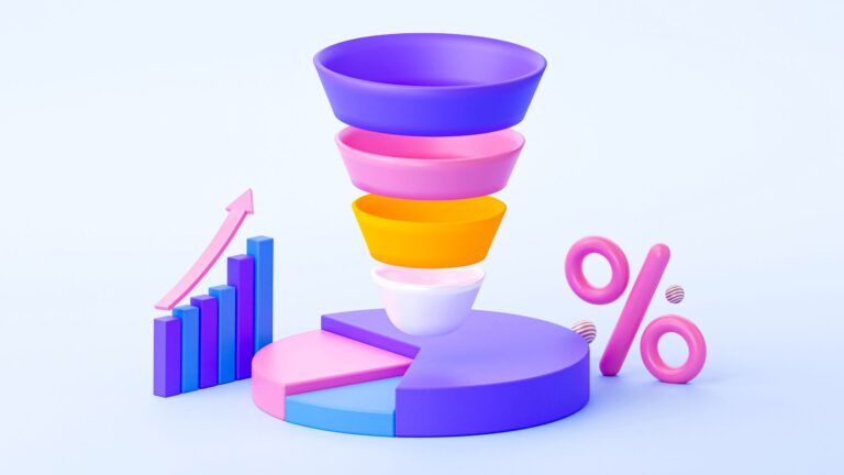 Diagramma a imbuto che mostra i diversi stadi di un funnel di vendita, dalla consapevolezza all’azione finale