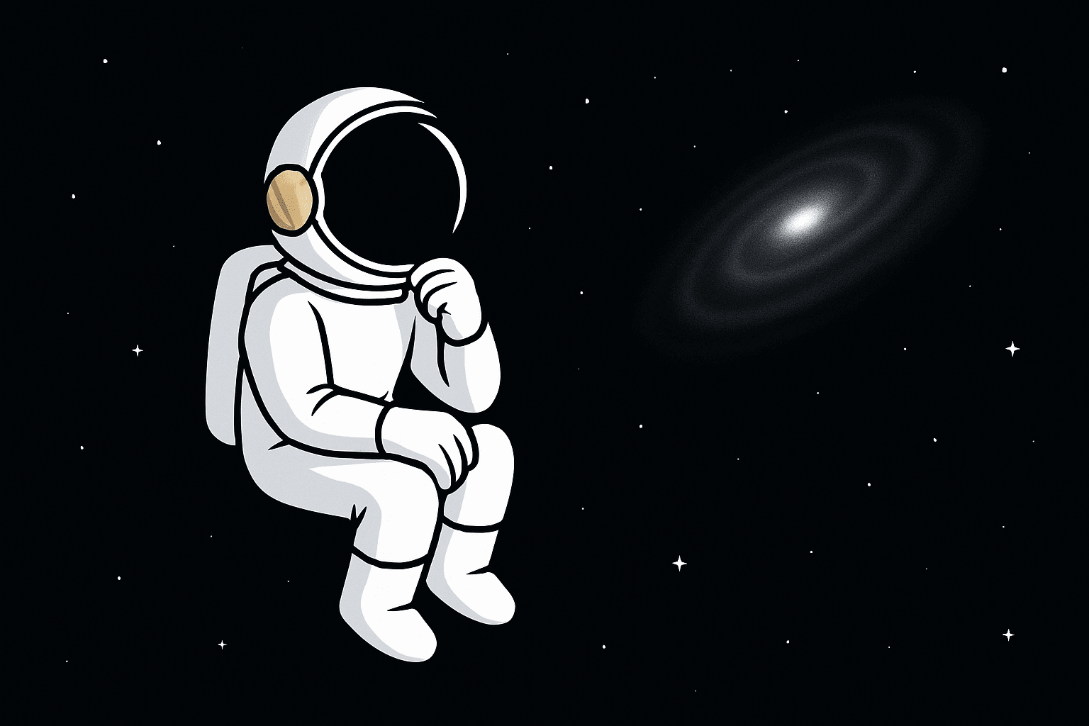 Mascotte astronauta in tuta bianca e dettagli oro, immerso nello spazio e pensieroso riguardo alle strategie di marketing.