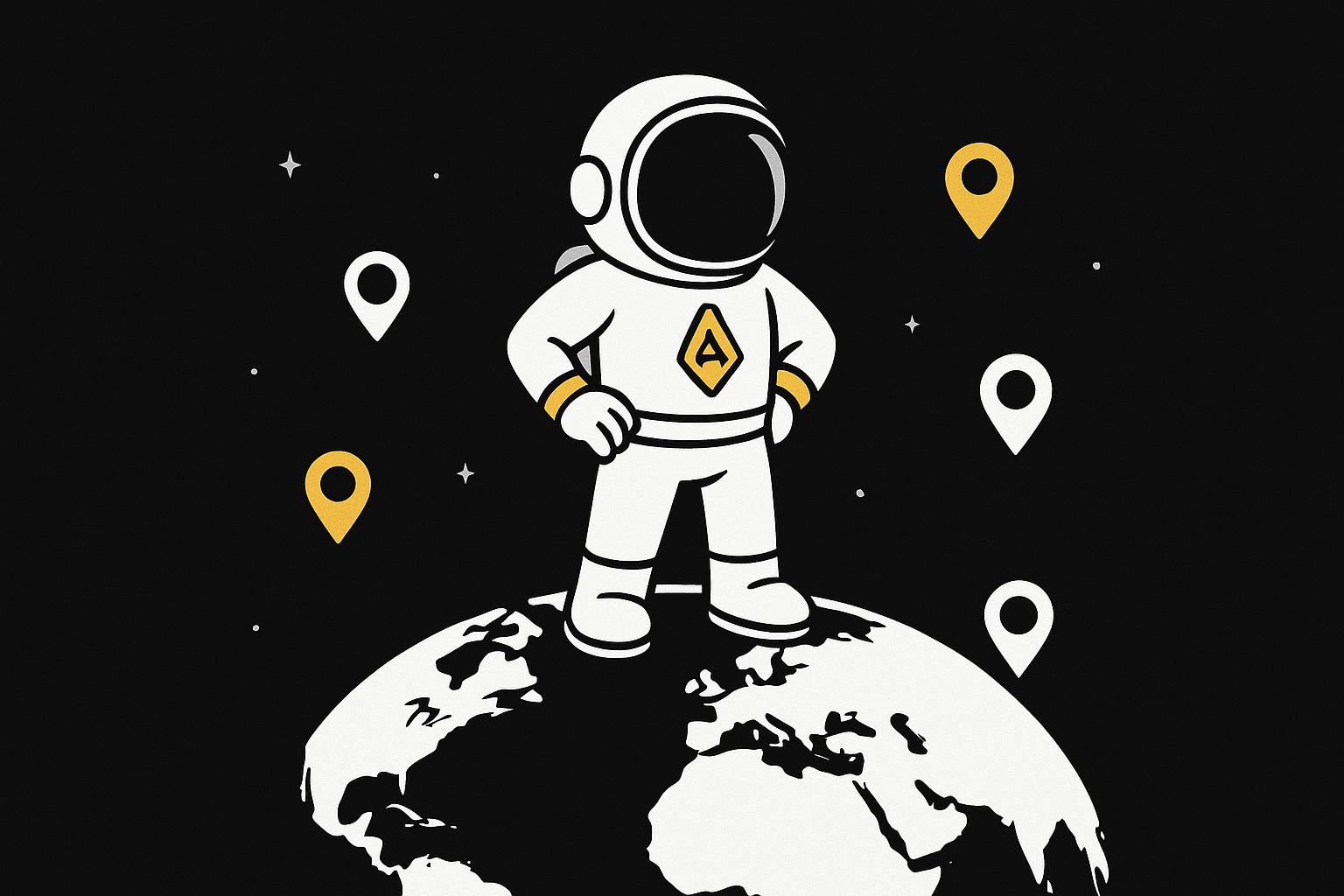 Astronauta mascotte che indica diverse localizzazioni su una mappa, rappresentando il marketing locale.