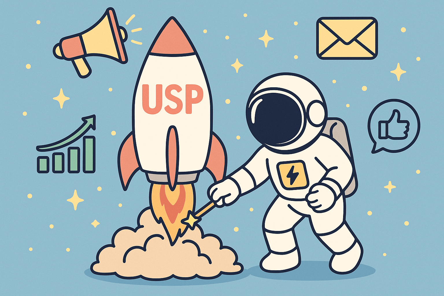 Astronauta che lancia la Unique Selling Proposition nel marketing