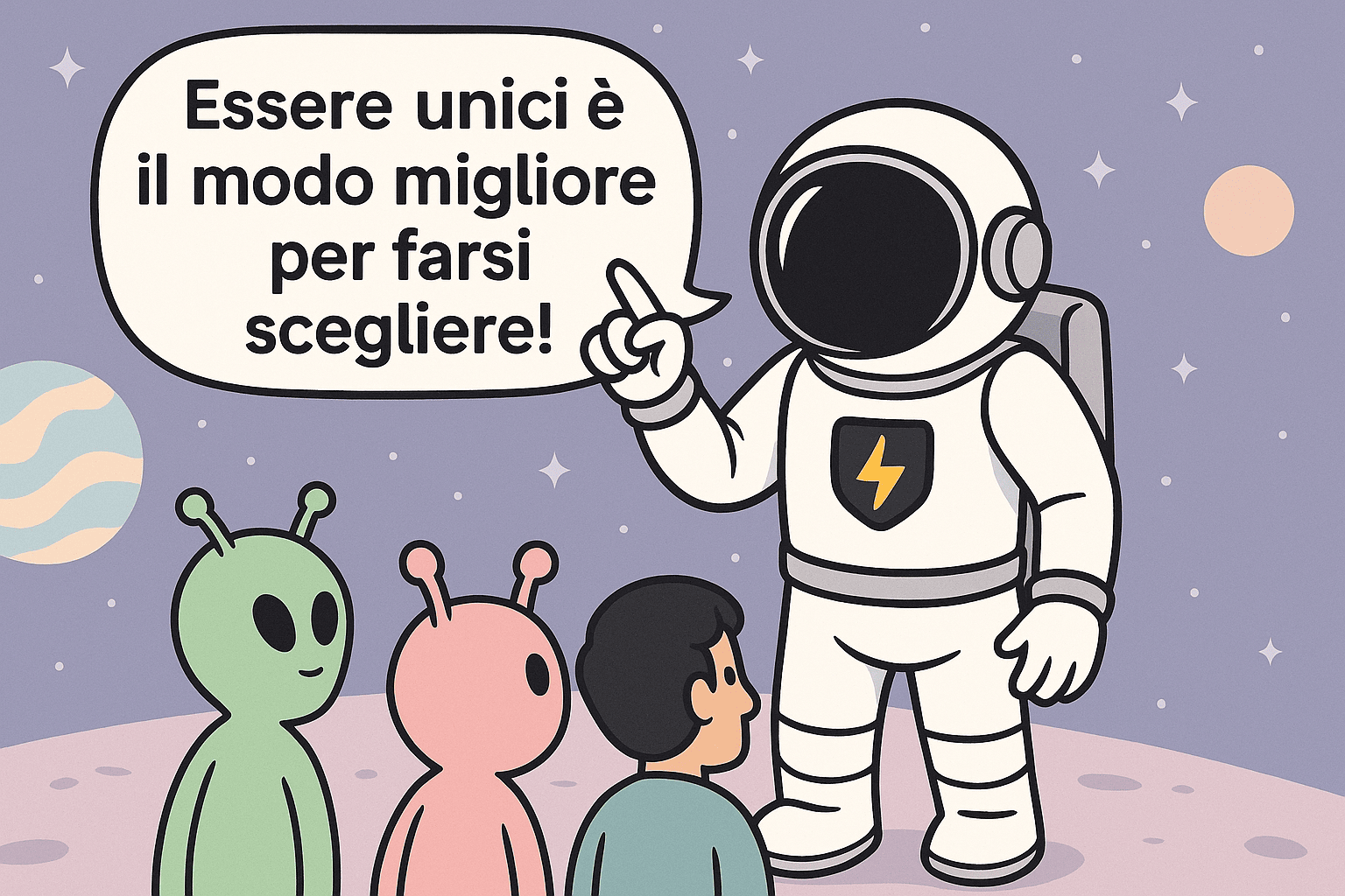 Astronauta che spiega la Unique Selling Proposition in una vignetta di marketing