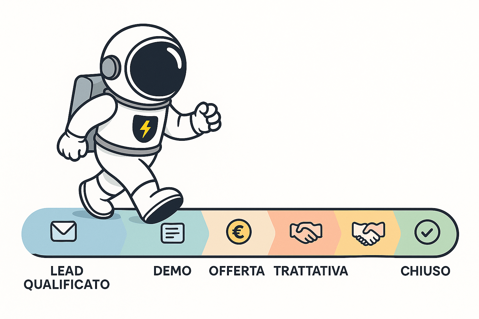 Astronauta cartoon che attraversa i 5 step di una pipeline di vendita: da lead a chiusura trattativa per spiegazione significato pipeline nella vendita