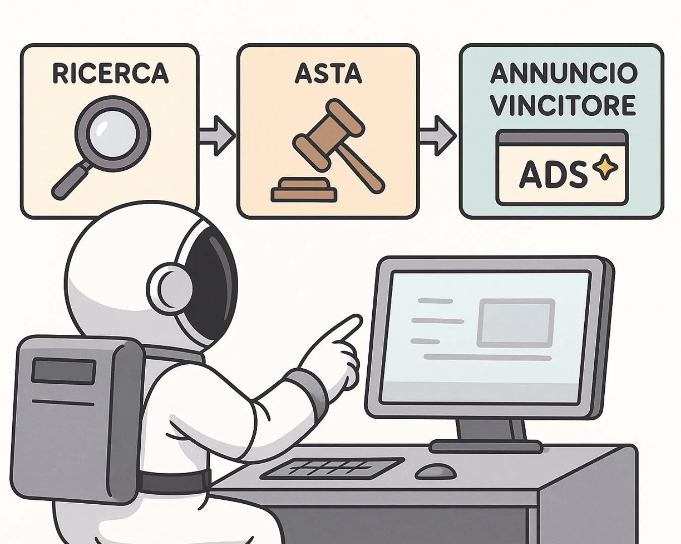 Flusso visivo “Ricerca ➜ Asta ➜ Annuncio” con astronauta: svela come il Quality Score abbassa i costi nel marketing PPC.