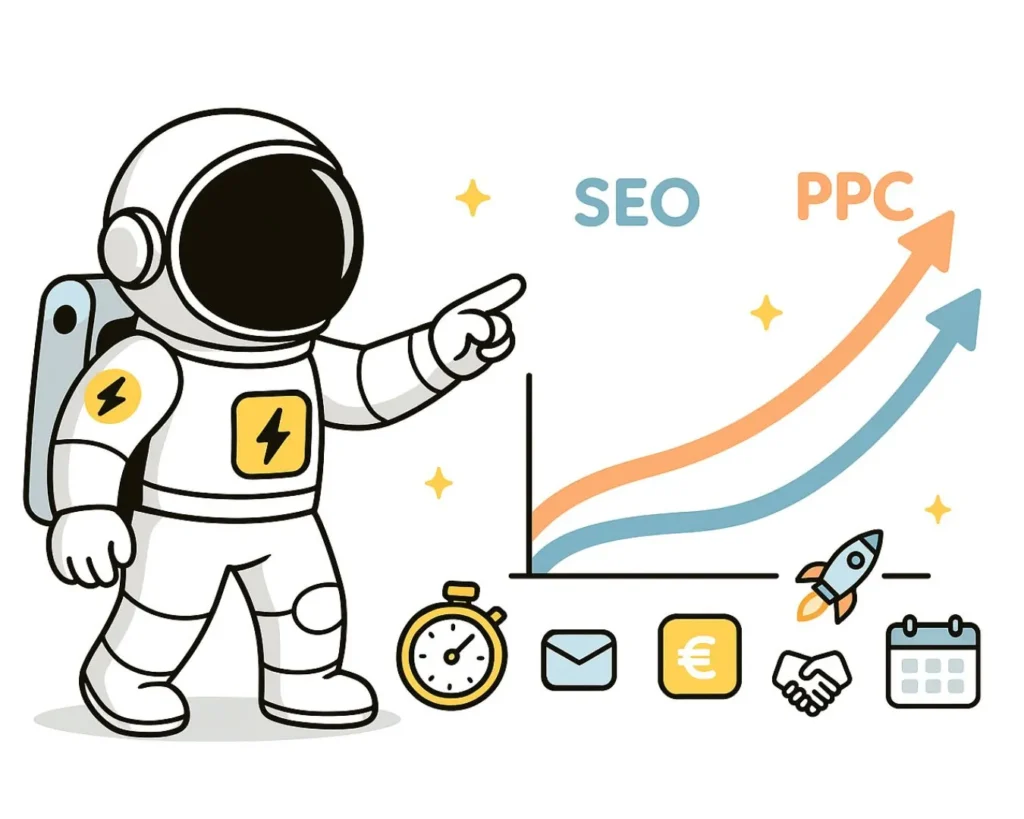 Illustrazione BeAve che confronta PPC marketing e SEO, dimostrando quanto il pay-per-click acceleri i risultati rispetto al traffico organico.