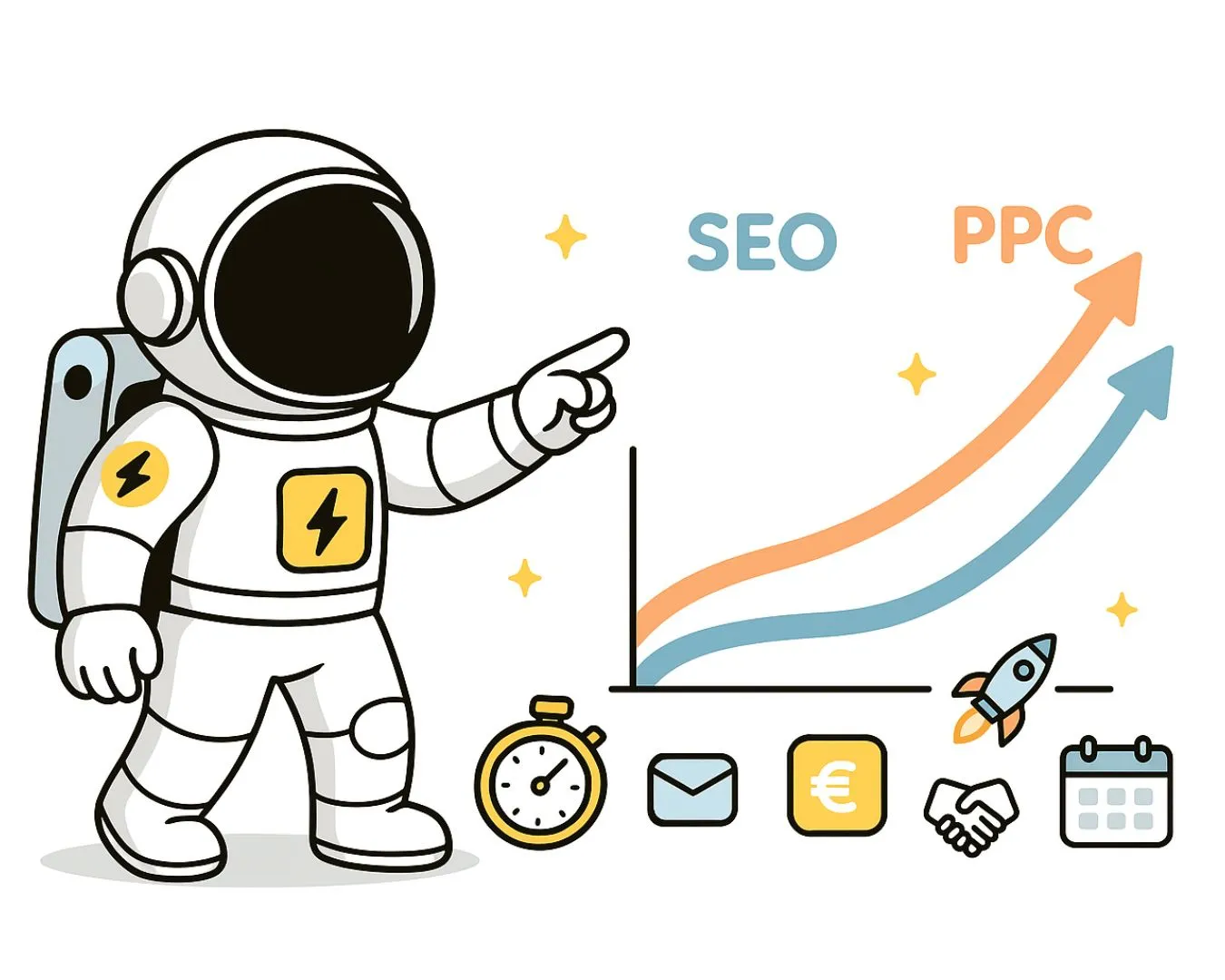 Illustrazione BeAve che confronta marketing PPC e SEO, dimostrando quanto il pay-per-click acceleri i risultati rispetto al traffico organico.