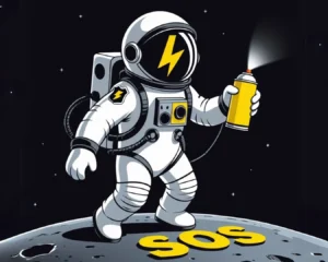 Illustrazione di un astronauta stilizzato che usa una bomboletta spray per scrivere SOS su un pianeta, simbolo di una comunicazione di marca chiara e potente