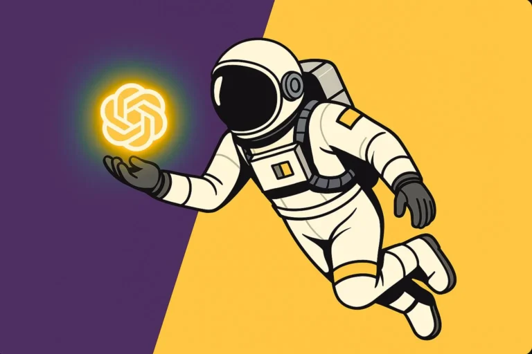 Astronauta BeAve in tuta bianca e dettagli gialli che sorregge un logo ChatGPT luminoso, su sfondo diviso blu e giallo – copertina articolo sulla pubblicità su ChatGPT.