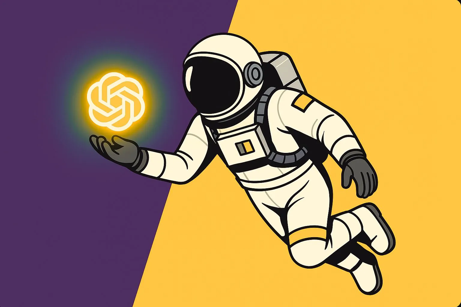 Astronauta BeAve in tuta bianca e dettagli gialli che sorregge un logo ChatGPT luminoso, su sfondo diviso blu e giallo – copertina articolo sulla pubblicità su ChatGPT.