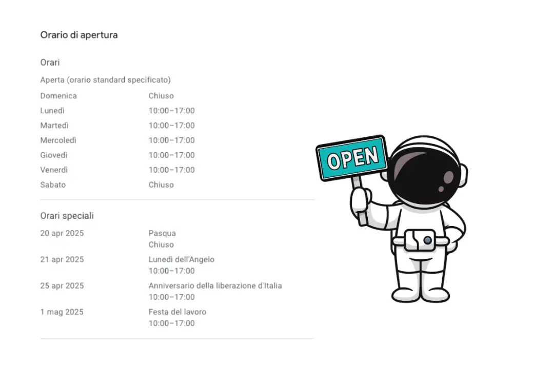 Esempio di orari normali e speciali nel profilo aziendale Google