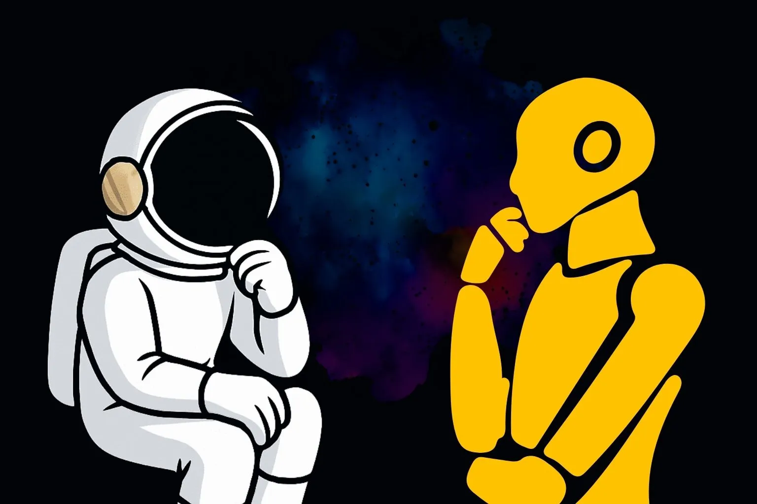 Illustrazione flat design che mostra un'intelligenza artificiale e un astronauta umano che si guardano, rappresentando la collaborazione tra AI e marketing strategico per differenziarsi dai competitor