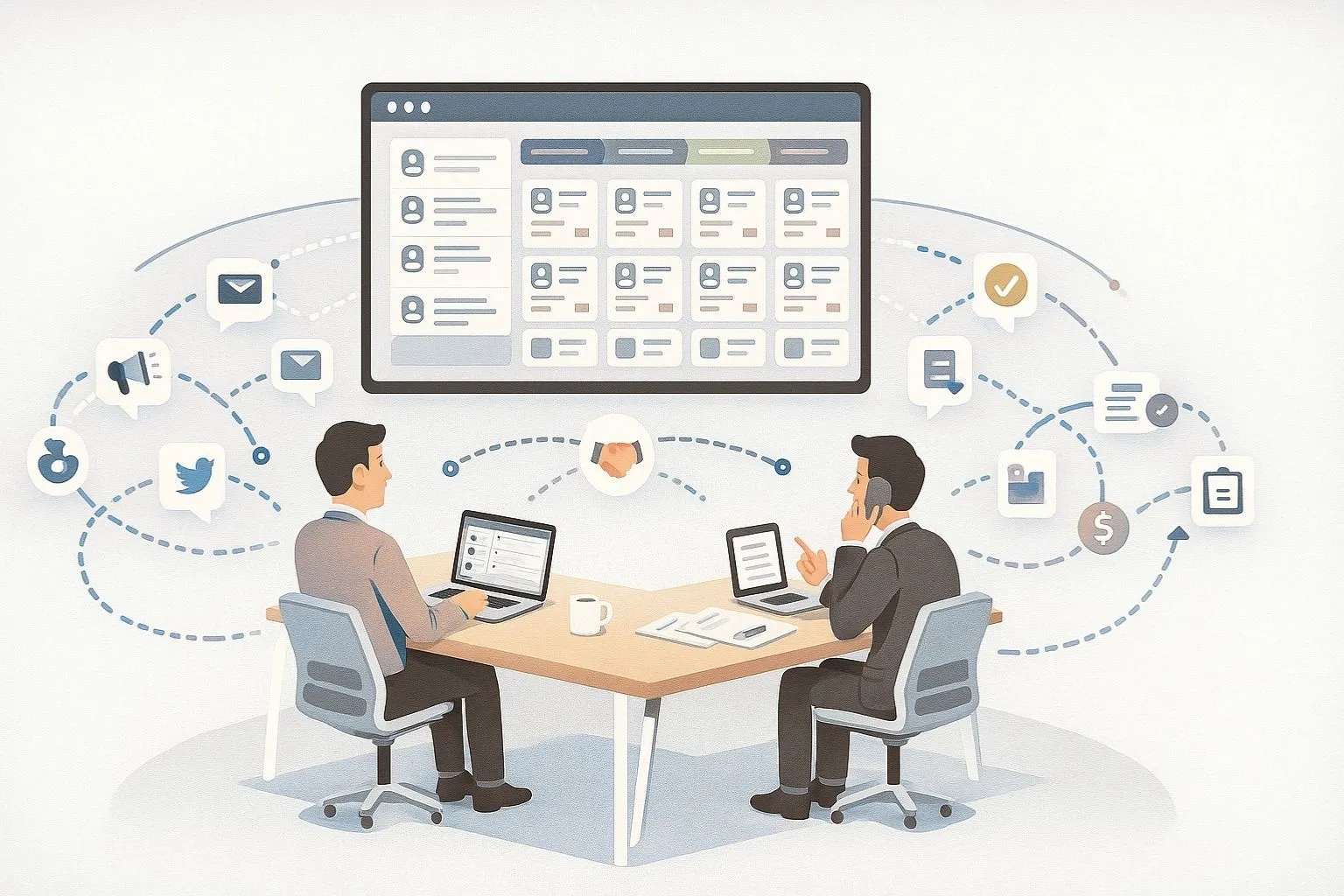 Team marketing e vendite seduti allo stesso tavolo che lavorano su un unico schermo CRM condiviso, circondato da icone di campagne e offerte.