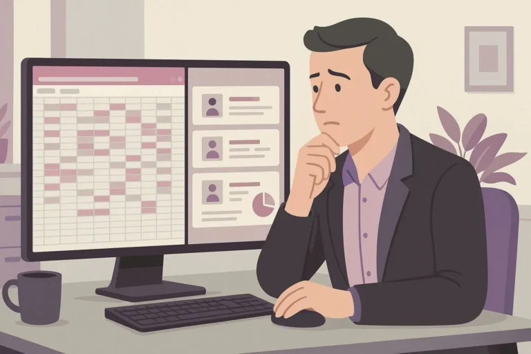 Imprenditore seduto alla scrivania che confronta un foglio Excel caotico con un dashboard CRM ordinato su uno schermo diviso a metà.