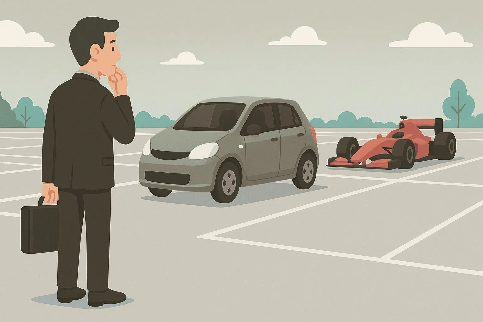 Professionista con valigetta che in un parcheggio osserva indeciso una piccola utilitaria e una Formula 1 in lontananza, metafora della scelta del CRM.