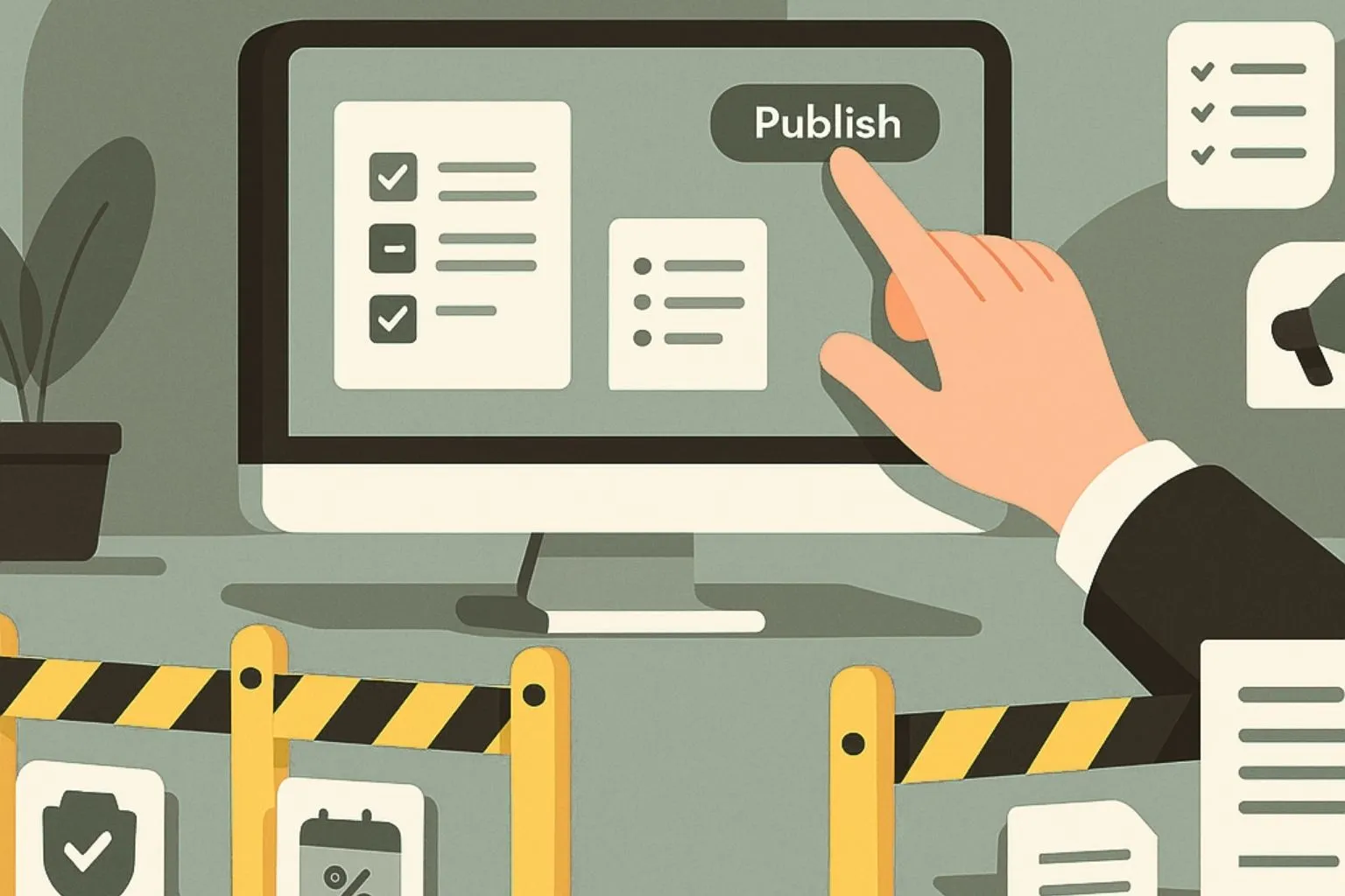 Illustrazione con guardrail che bloccano promesse, numeri e claim sensibili per evitare di rovinare il brand usando l’AI.