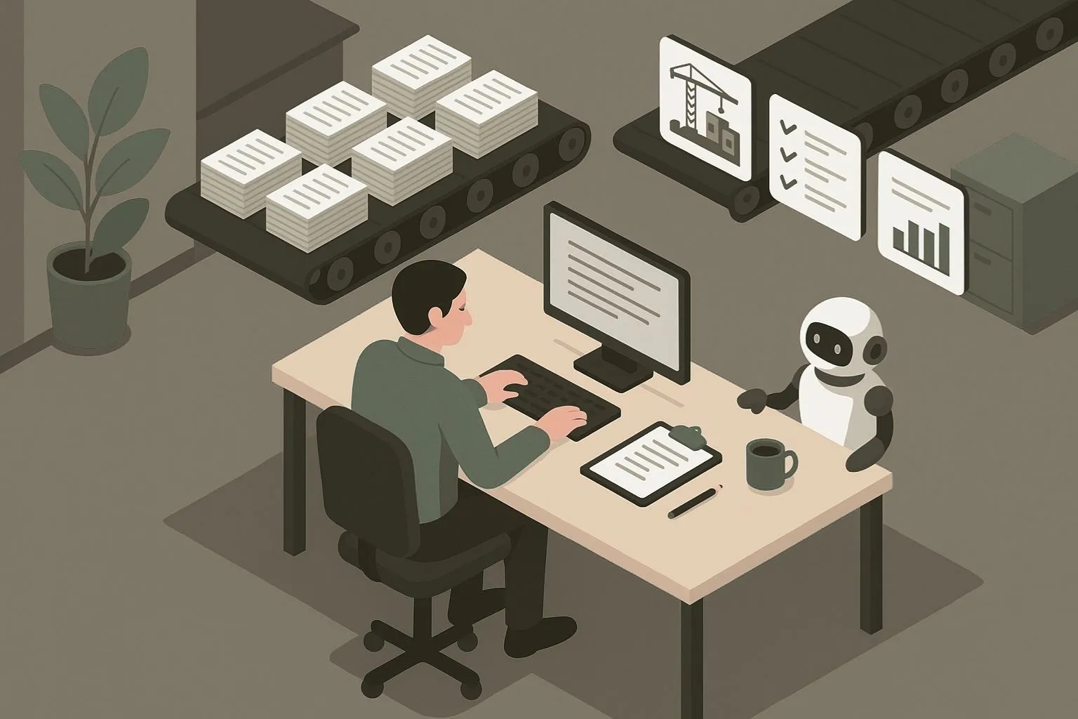 Illustrazione di un marketer che usa l’AI come assistente per creare contenuti utili evitando una content factory di pagine tutte uguali.